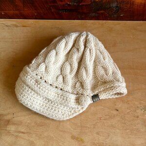 REI Cream White Merino Wool Cable Knit Newsboy Beanie Hat Cap Women's One Size